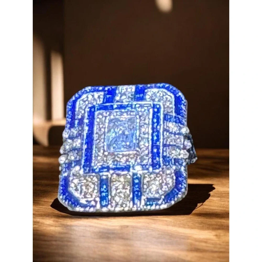 Art Deco Style Blue White Geometric Statement‎ Cocktail Ring Size 8.5